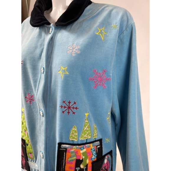 Onque Casuals Christmas Holiday Velour Jacket L Blue Velour Cotton Blend - Picture 16 of 16